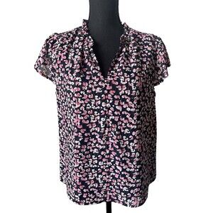 J.Crew Women's Preppy Ruffleneck Button Up Blouse Navy Multi Floral Medium